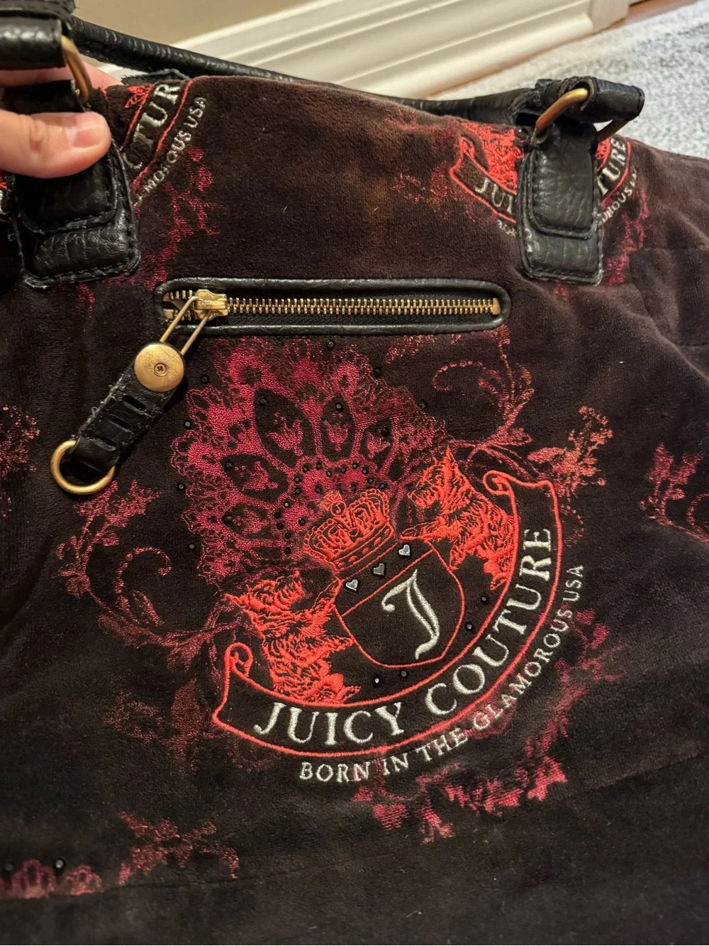 Juicy Couture Black Velvet Tote with Red Crest Motifs